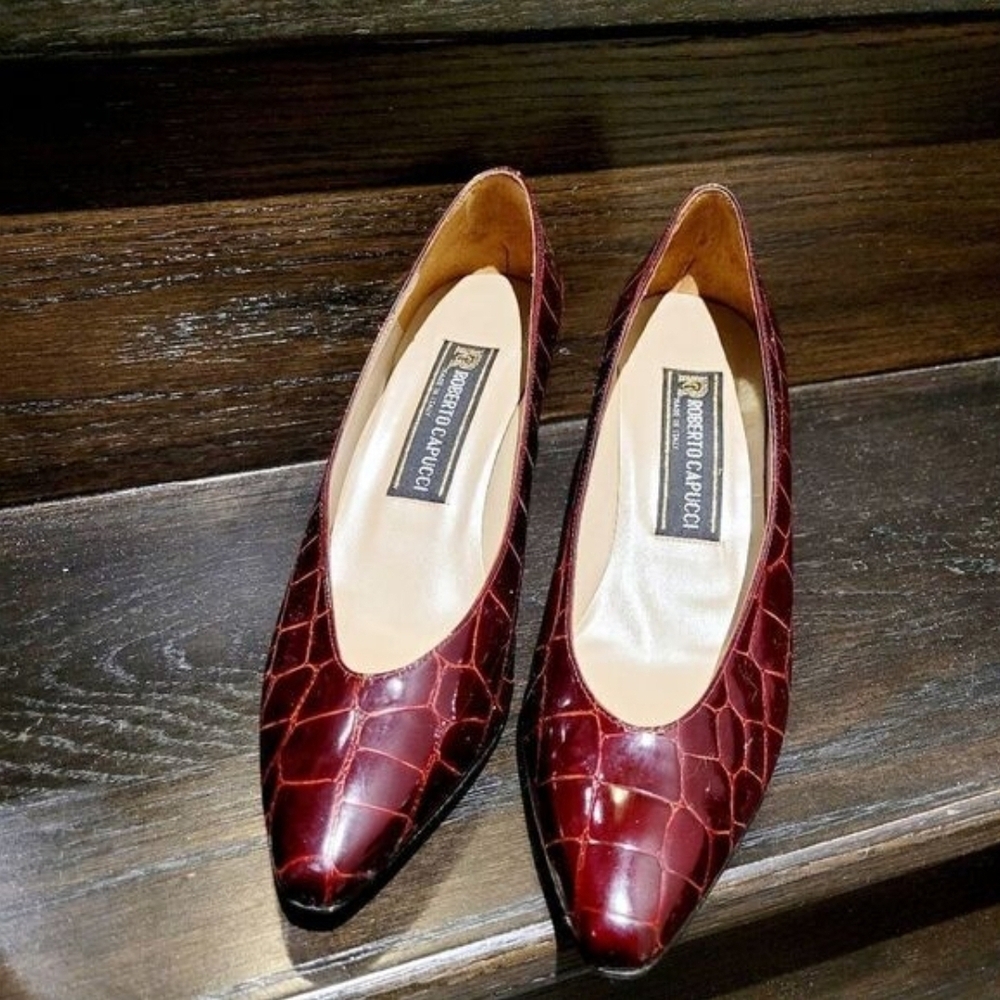 Burgundy Croc-Embossed Leather Pointed Heels